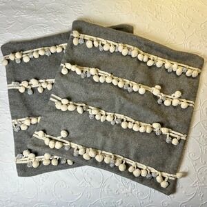 2 Pottery Barn Grey Wool Pillow Covers Cream Silver Pom Pom Design 18" x 18"
